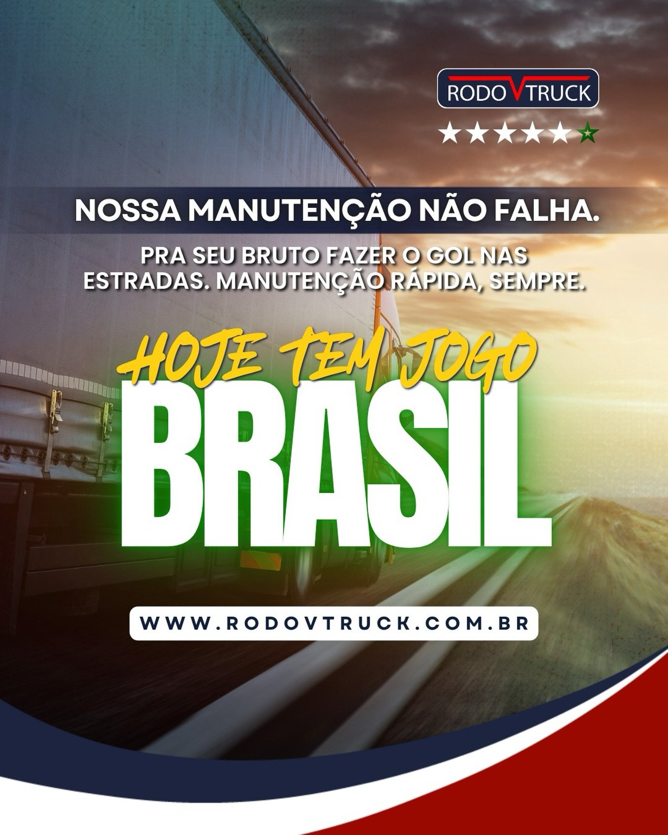 Para o seu bruto entrar em campo e dar um show de rendimento, a nossa manutenção preventiva entra em ação. 

Garantimos que tudo esteja revisado para você rodar tranquilo e fazer o seu gol nas entregas, sem imprevistos no caminho.

Vai para cima, Brasil! 

Estamos na torcida com você em cada quilômetro.

#Brasil #Caminhoneiro #Estrada #Manutenção #RodoVTruck