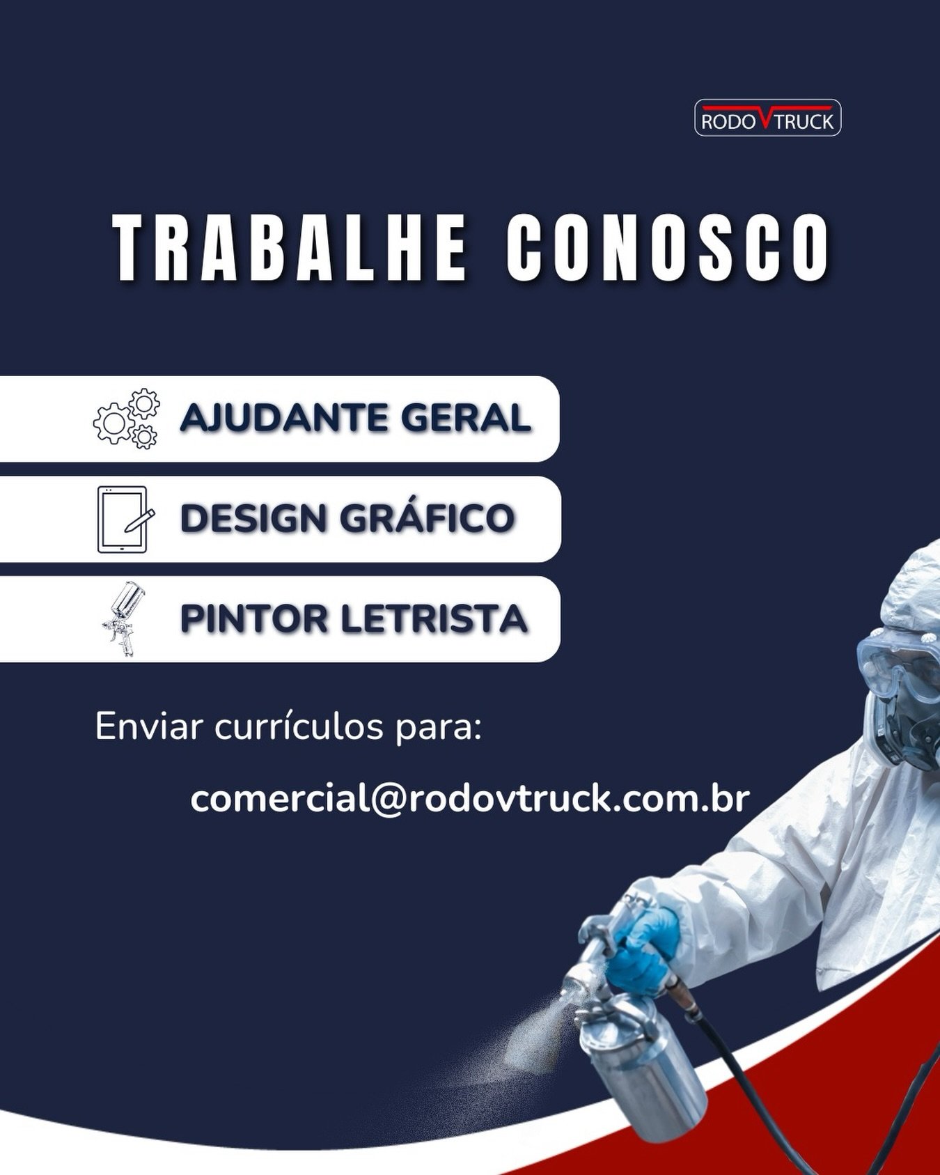 Se você é um profissional detalhista, busca um ambiente dinâmico, valoriza o trabalho em equipe e quer crescer profissionalmente em uma empresa que é referência em implementos rodoviários, o seu lugar é aqui com a gente!

Estamos contratando para o nosso Setor Operacional:

Ajudante Geral

 Design Gráfico

 Pintor Letrista

Não perca essa oportunidade de fazer parte da nossa equipe!

Como se candidatar? Envie o seu currículo atualizado diretamente para o e-mail: comercial@rodovtruck.com.br.

Marque aqui nos comentários aquele seu amigo que é fera em uma dessas áreas e está procurando uma grande oportunidade no trecho! 

#AjudanteGeral #Contratando #DesignGráfico #PintorLetrista #RodoVTruck