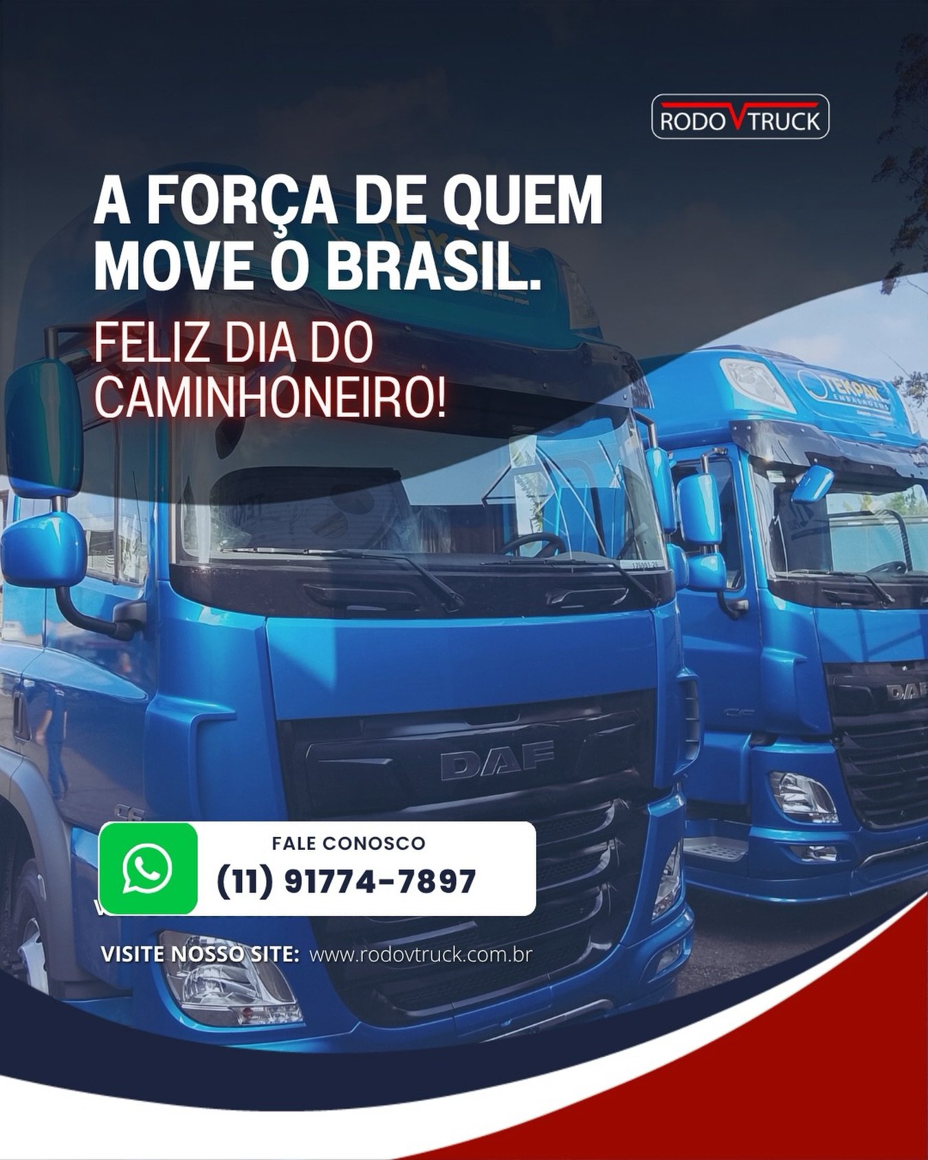 A gente sabe o quanto pesa a saudade de casa e o valor de cada quilômetro rodado. 

Neste Dia do Caminhoneiro, nossa homenagem vai para você, que encara noites em claro e estradas infinitas com o peito cheio de coragem para garantir o sustento da família e o futuro do país.

Para nós da Rodovtruck, cuidar da estrutura do seu bruto é muito mais do que manutenção: é garantir que você vá com segurança e volte bem para quem te espera. 

Parabéns pelo seu dia, caminhoneiro! 

Que Deus abençoe cada viagem. 

Tamo junto na rodovia! 

Conte sempre com a nossa equipe. 

WhatsApp: (11) 91774-7897

www.rodovtruck.com.br

#CaminhoneirosDoBrasil #DiaDoCaminhoneiro #Estrada #ImplementosRodoviarios #RodoVTruck